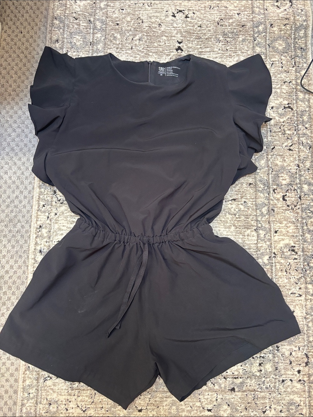 Albion Black Ruffle Sleeve Waist-Defined Romper
